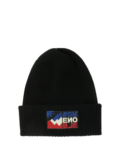 Moncler Black Ribbed Beanie With Grenoble Logo Patch At The Front In Wool Man