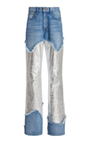 Brandon Maxwell The Cortlandt Paneled Metallic Leather Straight-leg Jeans In Silver