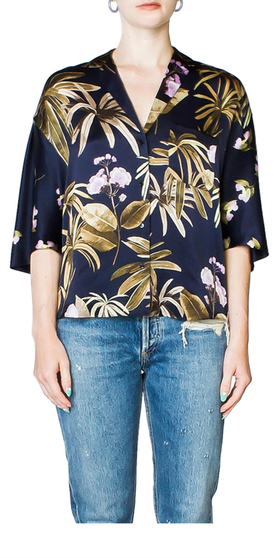 Vince Tropical Garden Silk Pj Shirt In Marine In Blue