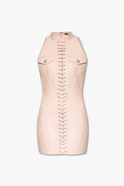 Balmain 2-pocket Lace-up Front Leather Mini Dress In Powdery Pink