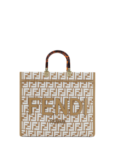 Fendi Raffia Shopper Bag With White Tapestry Fabric Ff Motif In Tan
