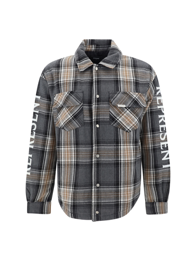 Represent Logo-print Cotton-blend Shirt In Grey Check