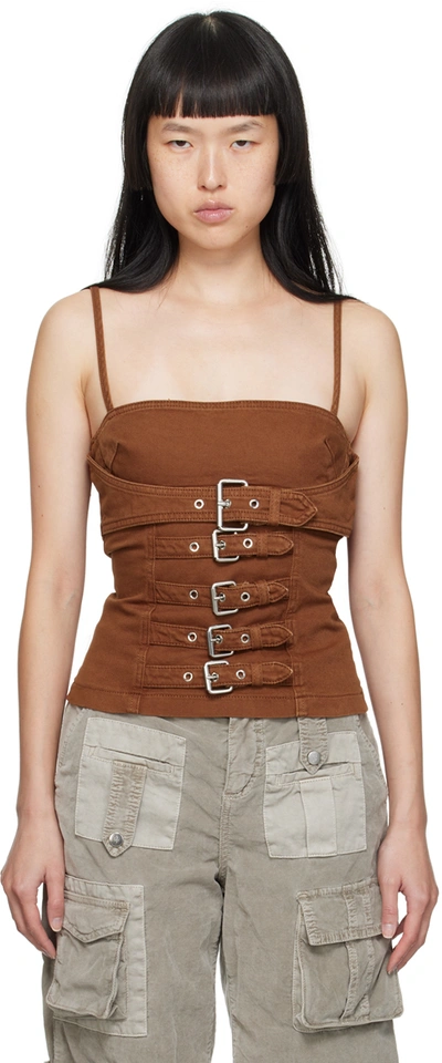 Blumarine Brown Pin-buckle Denim Tank Top In N0557 Camoscio