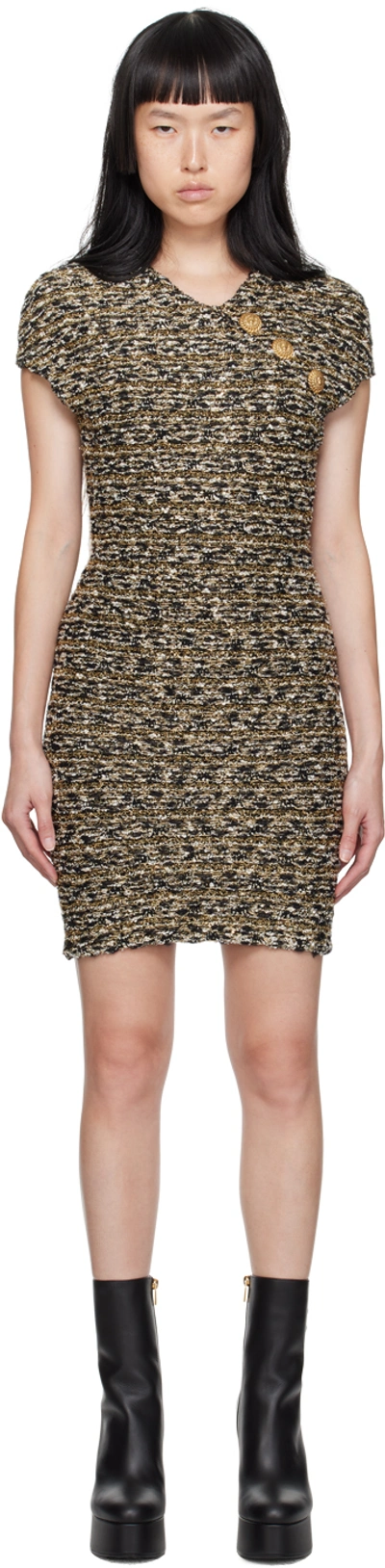 Balmain Button-embellished Metallic Bouclé-tweed Mini Dress In Black Gold