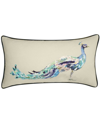 Ediehome Reversible Ribbon Peacock Decorative Lumbar Pillow, 14" X 26" In Tan Multi