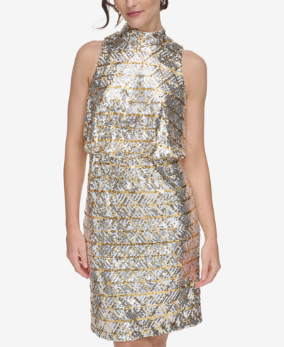 Eliza J Women's Sequin-design Mock-neck Blouson Dress In Silver