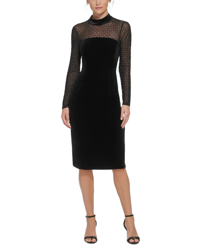 Eliza J Petite Velvet Mock-neck Long-sleeve Dress In Black