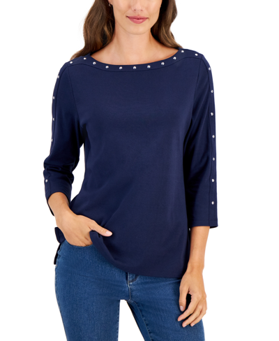 Karen Scott Women's Studded 3/4-sleeve Boat-neck Cotton Top, Created For Macy's In Intrepid Blue