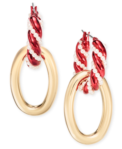 Holiday Lane Two-tone Oval Charm Imitation Pearl Swirl Drop Earrings, Created For Macy's In Multi