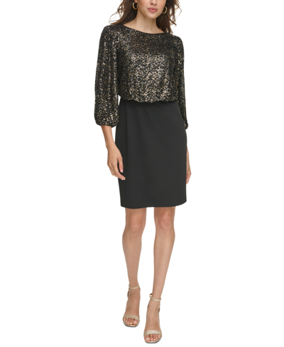 Jessica Howard Women's Boat-neck Blouson Sequin Dress In Black/gold