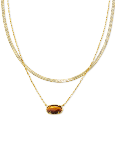 Kendra Scott 14k Gold-plated Drusy Stone & Herringbone Chain Layered Pendant Necklace, 16" + 3" Extender In Brown Tigers Eye