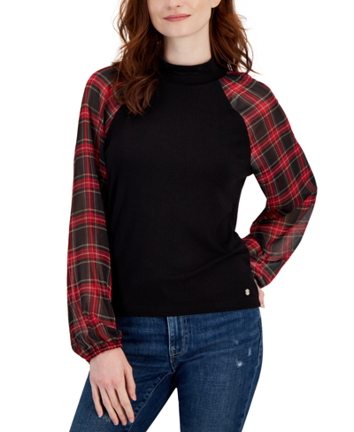 Tommy Hilfiger Women's Plaid-sleeve Mixed-media Top In Black