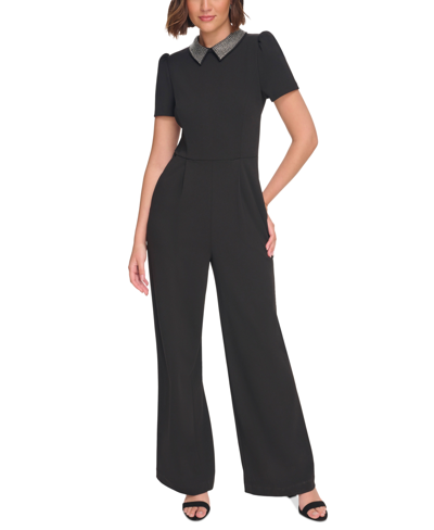 Tommy Hilfiger Women's Sequin-collar Scuba Crepe Jumpsuit In Black