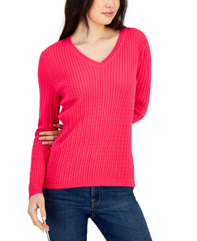 Tommy Hilfiger Women's Cotton Cable-knit V-neck Ivy Sweater In Aster Pink