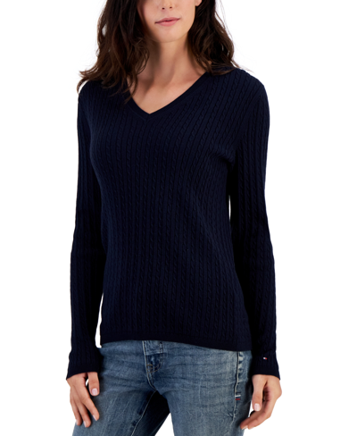 Tommy Hilfiger Women's Cotton Cable-knit V-neck Ivy Sweater In