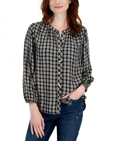 Tommy Hilfiger Women's Plaid Button-down Poet Shirt In Flicker Check- Black Multi