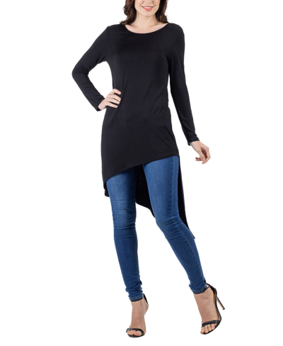24seven Comfort Apparel Women's Long Sleeve Knee Length Tunic Top In Black