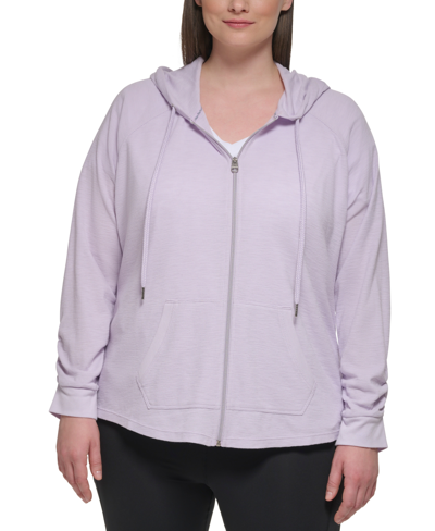 Calvin Klein Performance Plus Size Ruched-sleeve Zip Hoodie In Orchid