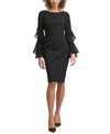 Calvin Klein Petite Chiffon Bell-sleeve Sheath Dress In Black