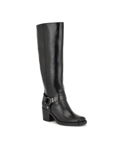 Nine West Women's Koop Square Toe Block Heel Knee-high Moto Boots In Black Leather