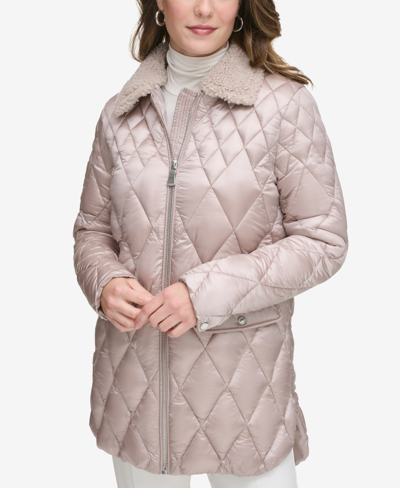 Calvin Klein Plus Size Faux-fur-collar Quilted Coat In Pearlized Cappuccino