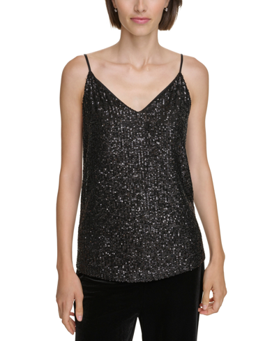 Calvin Klein Petite V-neck Sleeveless Sequin Camisole In Black