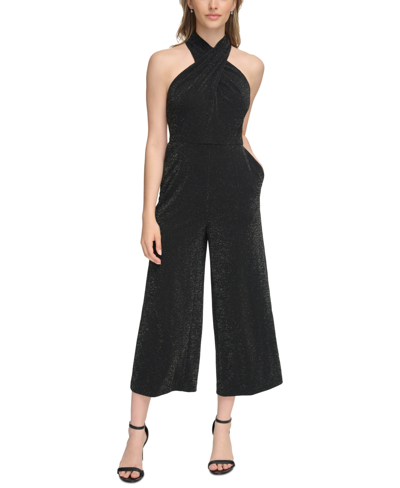 Calvin Klein Women's Bow-embellished Mock Neck Cropped Wide-leg Jumpsuit In Black