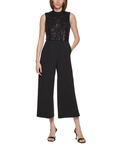 Calvin Klein Womens Sequined Sleeveless Jumpsuit In Black