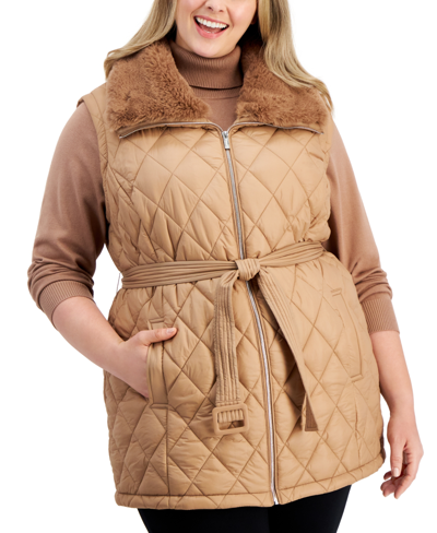 Calvin Klein Plus Size Faux-fur-trimmed Quilted Puffer Vest In Cafe Ole