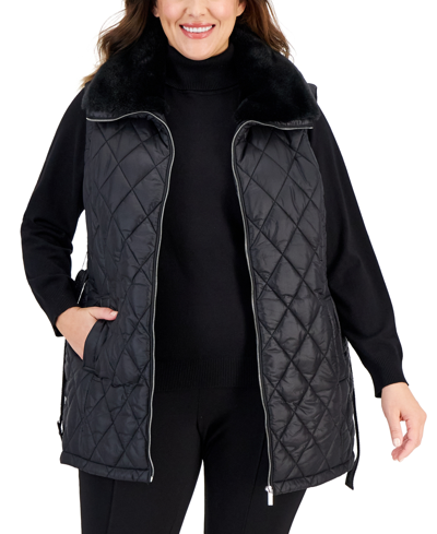 Calvin Klein Plus Size Faux-fur-trimmed Quilted Puffer Vest In Black