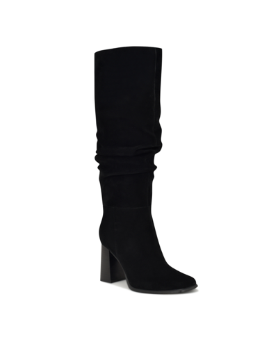 Nine West Women's Domaey Stacked Block Heel Dress Regular Calf Boots In Black Suede