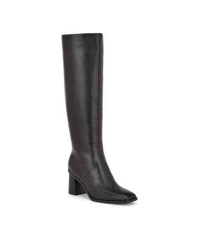 Nine West Women's Dortha Square Toe Block Heel Dress Boots In Dark Brown Leather