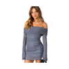 Edikted Gala Foldover Off The Shoulder Long Sleeve Mesh Minidress In Gray