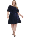 DKNY PLUS SIZE BUBBLE-SLEEVE TIE-WAIST PLEATED DRESS