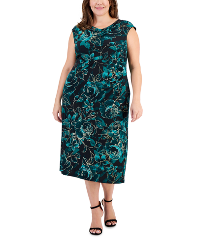Connected Plus Size Floral-print Cowlneck Midi Dress In Hnt