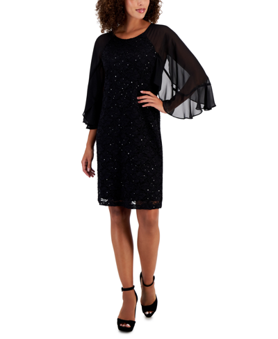 Connected Women's Ruffled-sleeve Lace Sheath Dress In Black