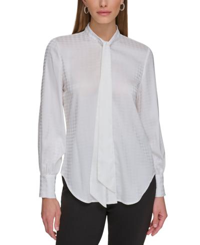 Dkny Petite Tonal Houndstooth Tie-neck Blouse, Created For Macy's In Linen White