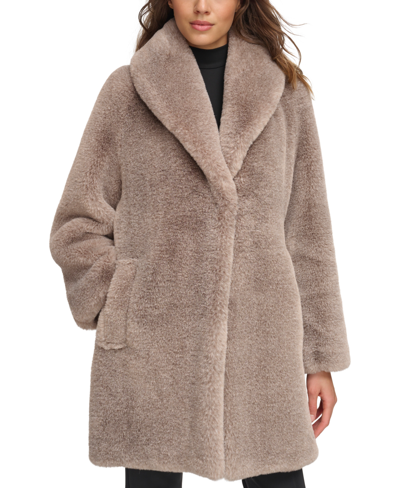 Donna Karan Women's Shawl-collar Faux-fur Coat In Heathered Brown