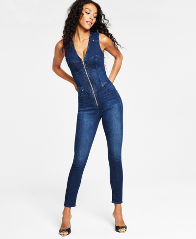 Guess Women's Judd Lace-up-back Zip-front Denim Jumpsuit In Plume Dark