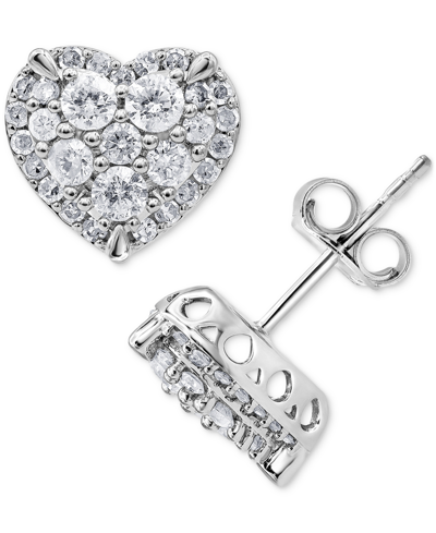 Macy's Diamond Heart Cluster Stud Earrings (1 Ct. T.w.) In 14k White Gold