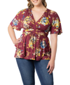 Kiyonna Encore Print Faux Wrap Top In Bordeaux Blooms