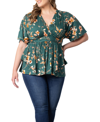 Kiyonna Encore Print Faux Wrap Top In Green Garden
