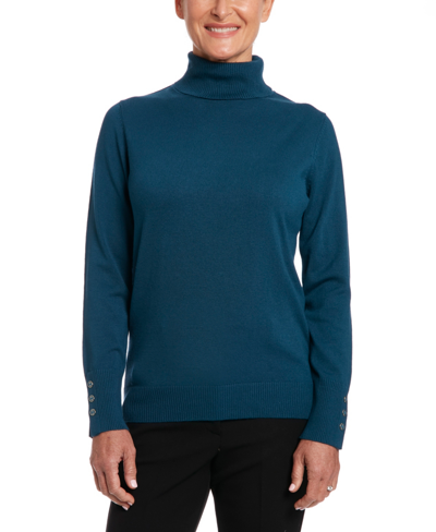 Joseph A Solid Turtleneck With Button Cuff In Teal