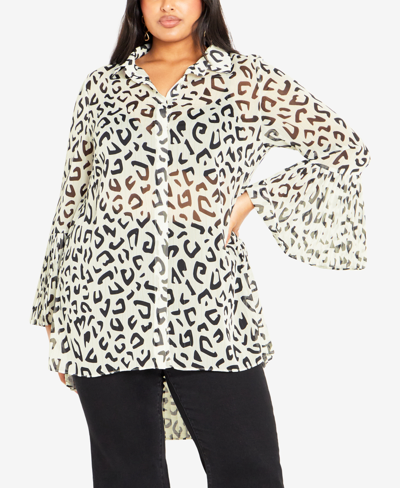 Avenue Plus Size Perla Pleat Print High Low Shirt Top In Mono Mini Puzzle