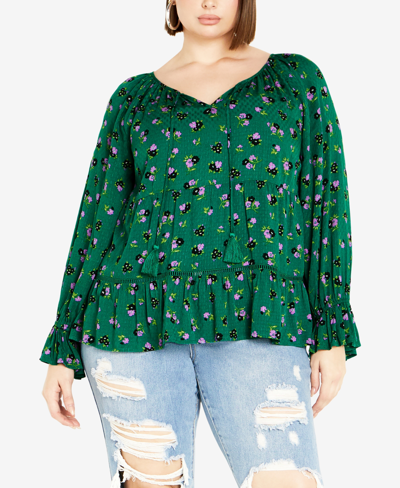 Avenue Plus Size Floral Field Shirred Cuff Top In Jade Floral