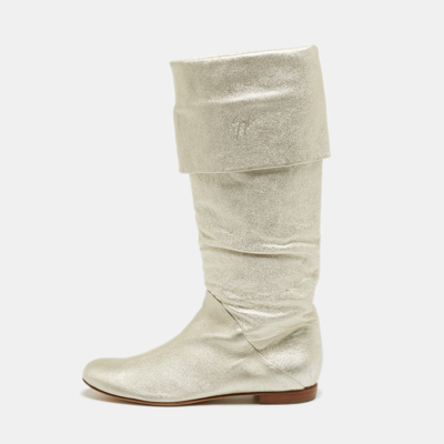 Pre-owned Giuseppe Zanotti Metallic White Foil Leather Knee Length Boots Size 41
