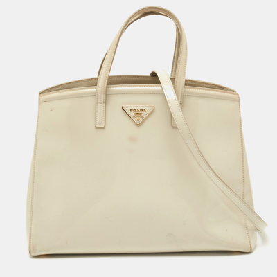 Pre-owned Prada Ivory Patent Leather Parabole Tote In White