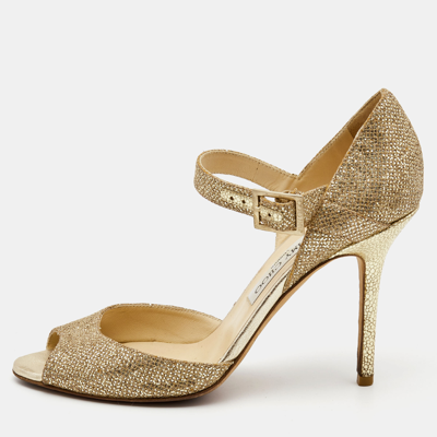 Pre-owned Jimmy Choo Gold Coarse Glitter Foil Leather Ankle Strap Sandals Size 39.5