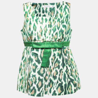 Pre-owned Dior Christian  Green Animal Print Silk Bow Detail Top M