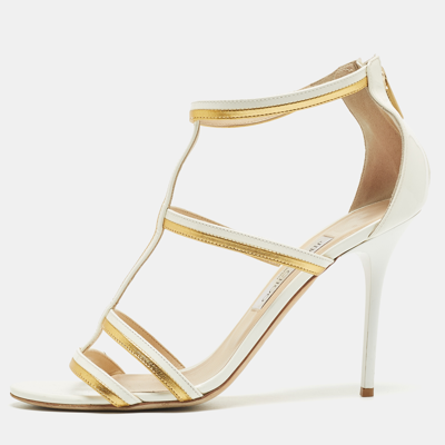 Pre-owned Jimmy Choo White/gold Patent And Leather Ankle Sandals Size 39.5
